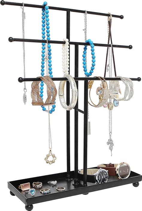 MyGift Modern Jewelry Organizer, 3 Tier Black Metal Tabletop 